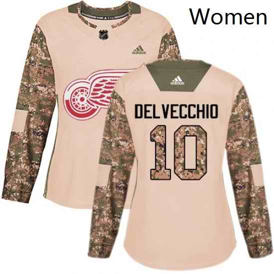 Womens Adidas Detroit Red Wings 10 Alex Delvecchio Authentic Camo Veterans Day Practice NHL Jersey